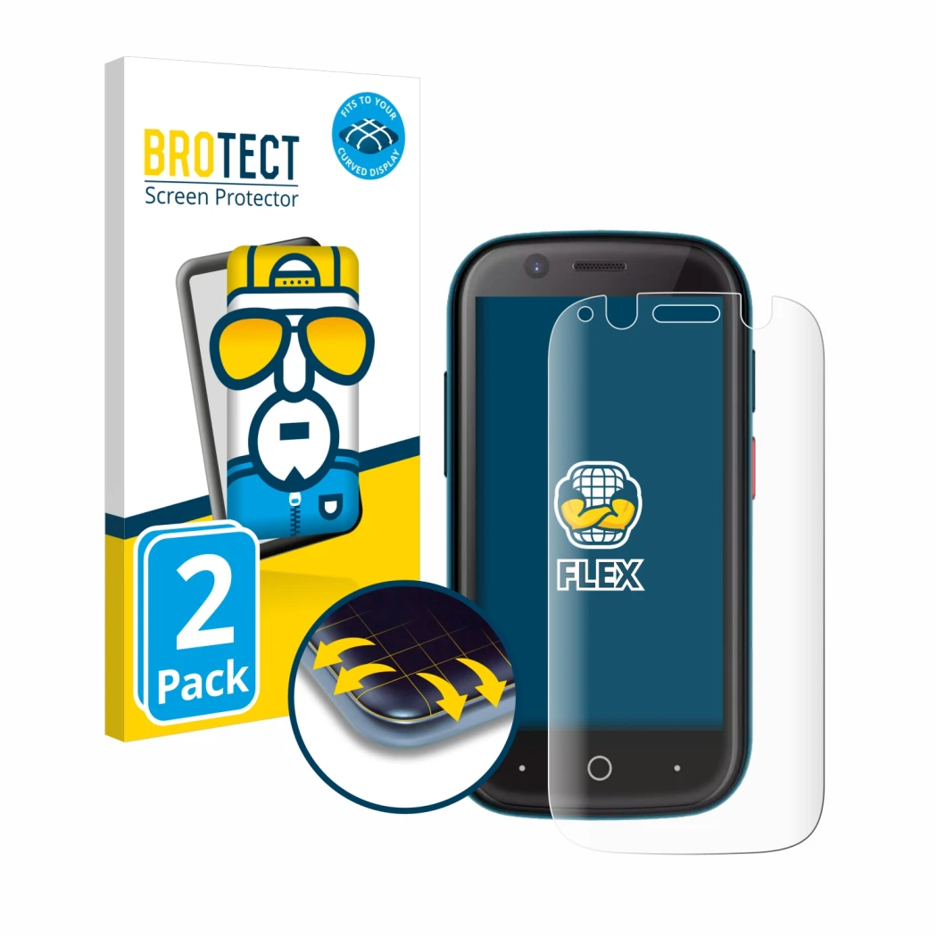 Face avant d’un emballage produit avec le logo de la marque BROTECT. À côté, l’appareil Unihertz Jelly 2 est représenté avec l