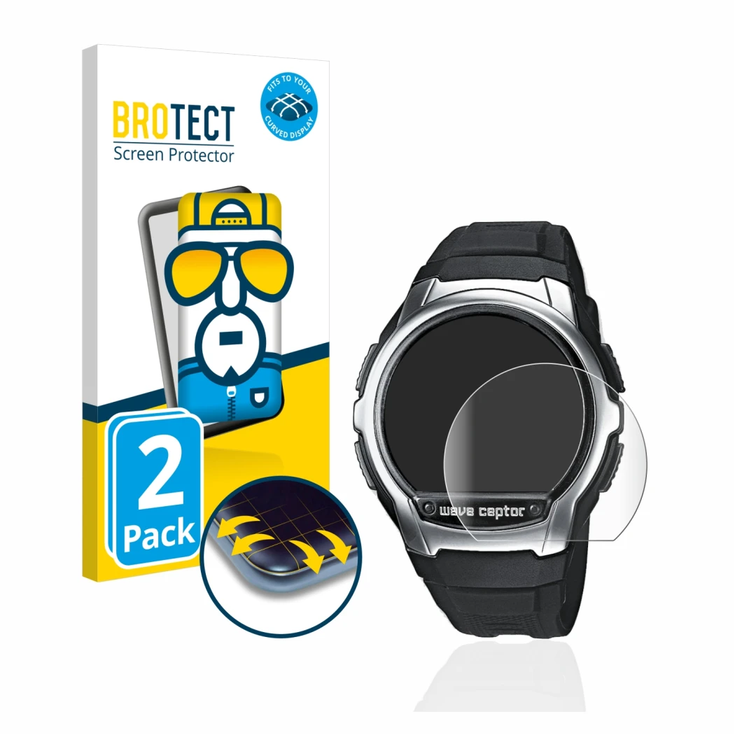 Face avant d’un emballage produit avec le logo de la marque BROTECT. À côté, l’appareil Casio Wave Ceptor WV-58 est représenté