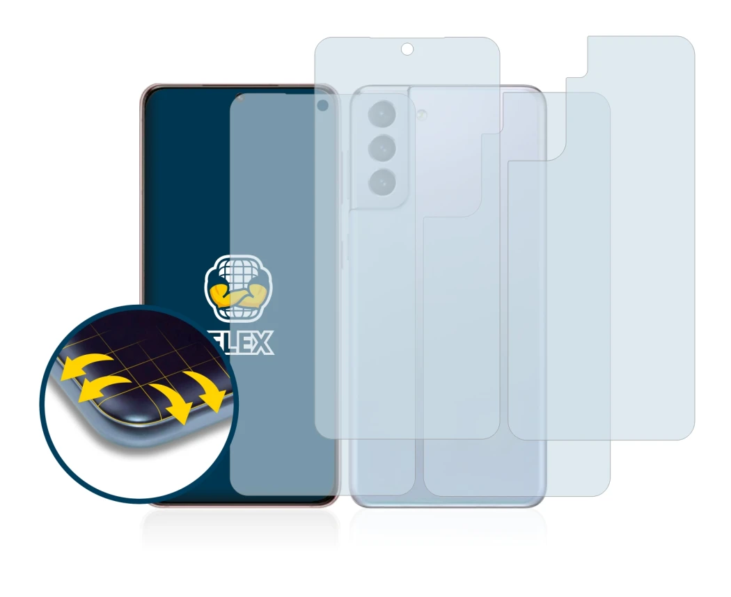 Image de l'appareil Samsung Galaxy S21 5G (Avant+Arrière) avec une grande variété de protections d'écran.
