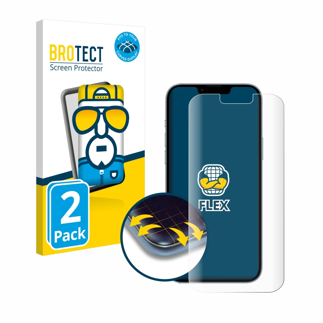 Face avant d’un emballage produit avec le logo de la marque BROTECT. À côté, l’appareil Apple iPhone 13 Pro Max est représenté