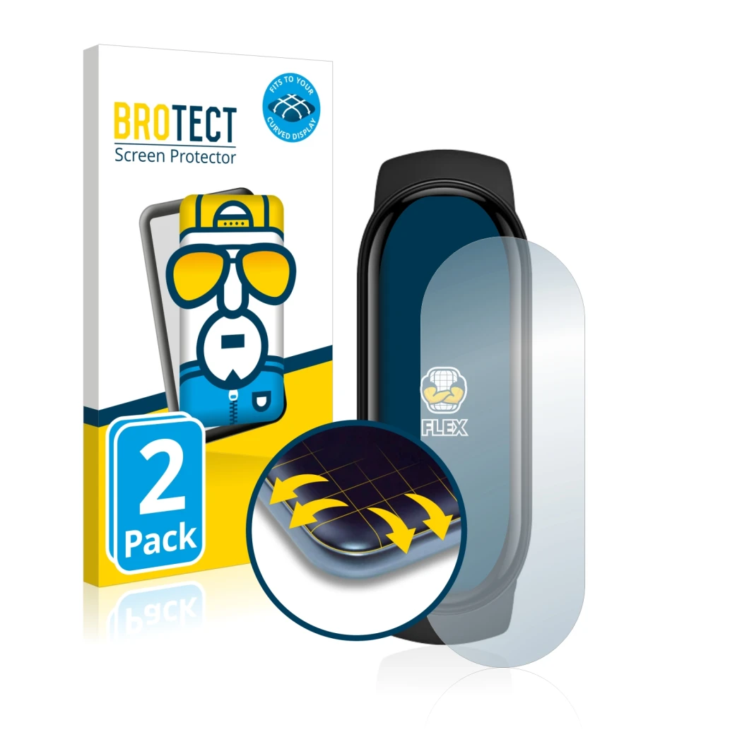 Face avant d’un emballage produit avec le logo de la marque BROTECT. À côté, l’appareil Xiaomi Mi Band 6 est représenté avec l