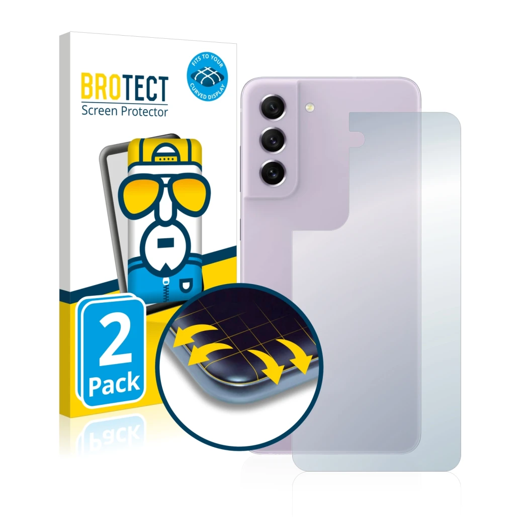 Face avant d’un emballage produit avec le logo de la marque BROTECT. À côté, l’appareil Samsung Galaxy S21 FE 5G (Arrière) est