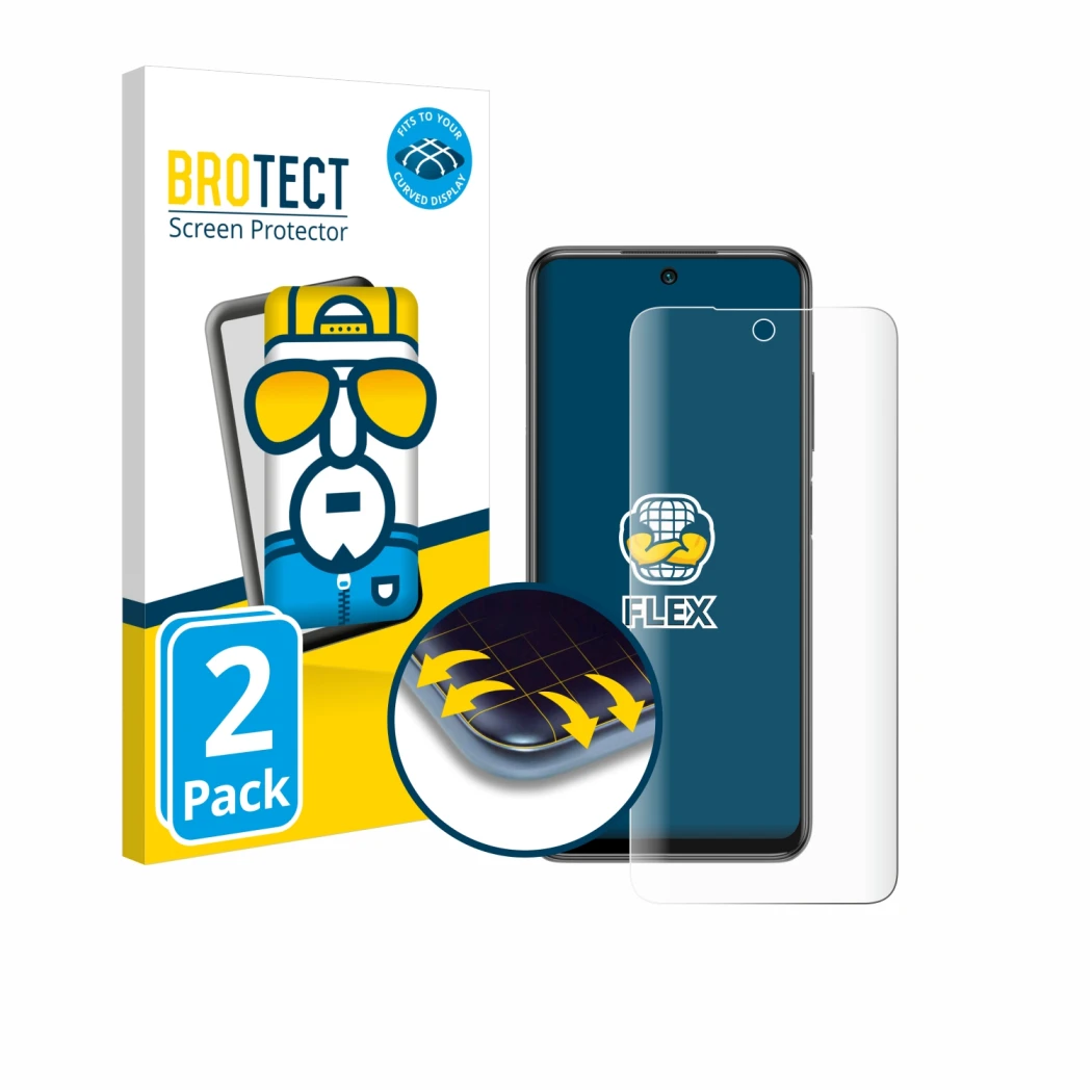 Face avant d’un emballage produit avec le logo de la marque BROTECT. À côté, l’appareil Xiaomi Redmi Note 10 5G est représenté