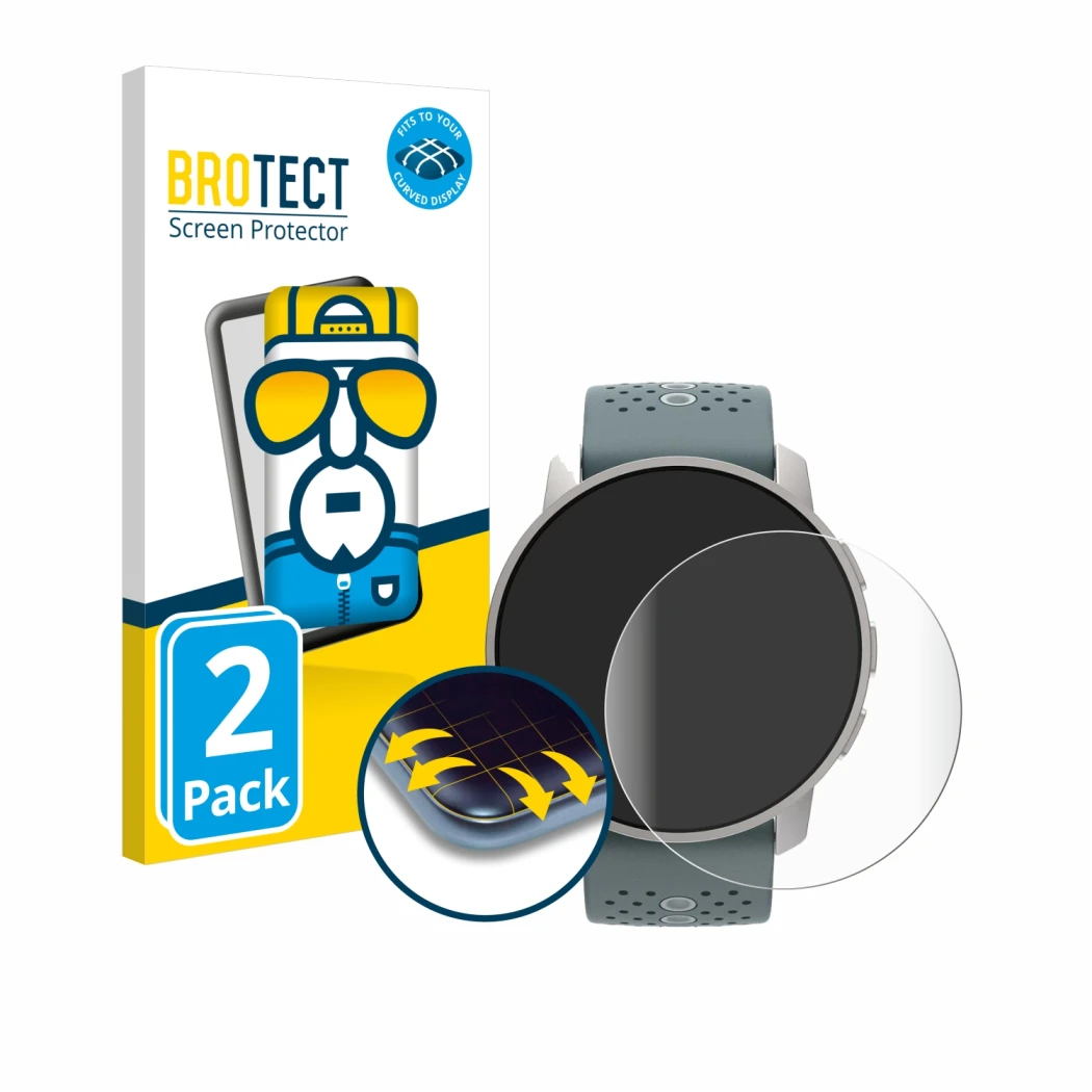 Face avant d’un emballage produit avec le logo de la marque BROTECT. À côté, l’appareil Suunto 9 Peak est représenté avec la p