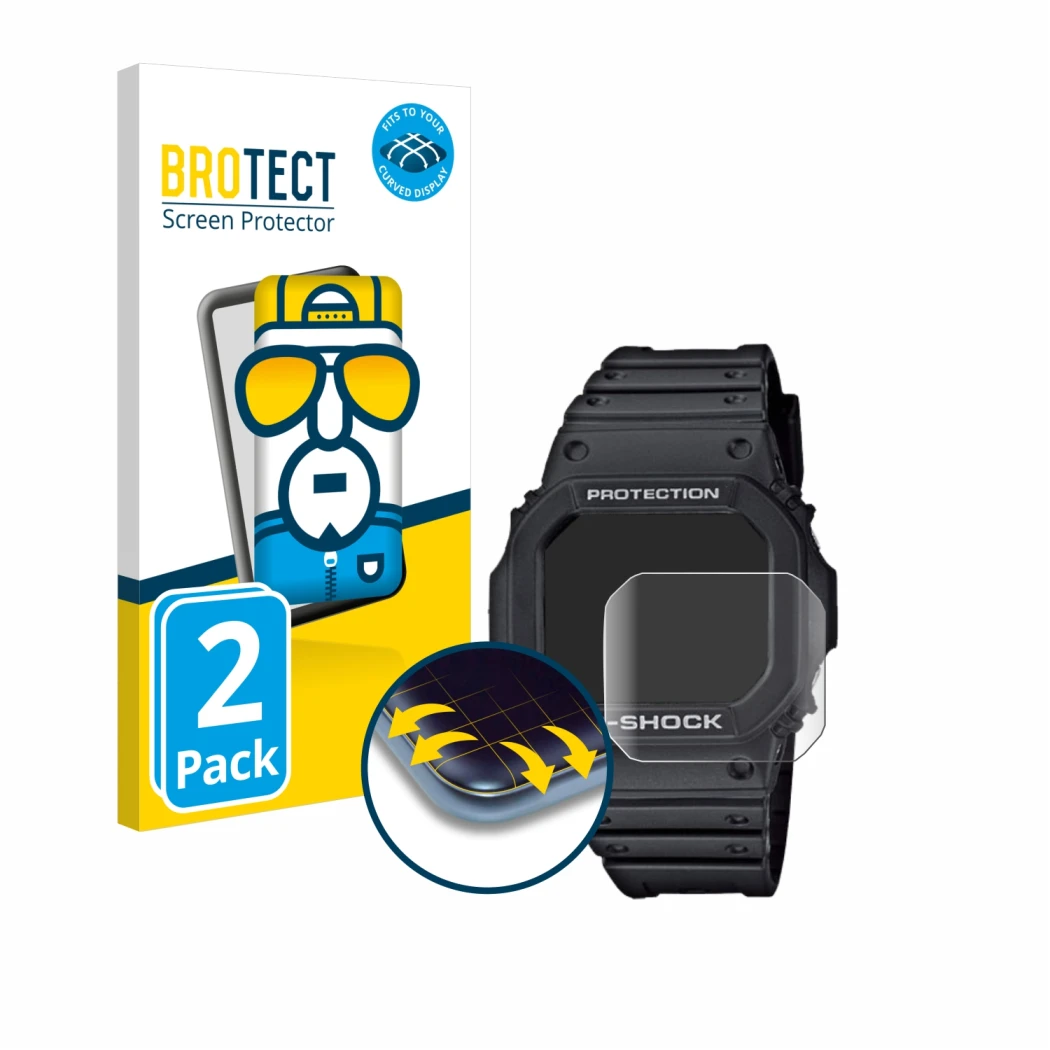 Face avant d’un emballage produit avec le logo de la marque BROTECT. À côté, l’appareil Casio G-Shock GW-M5610-1ER est représe