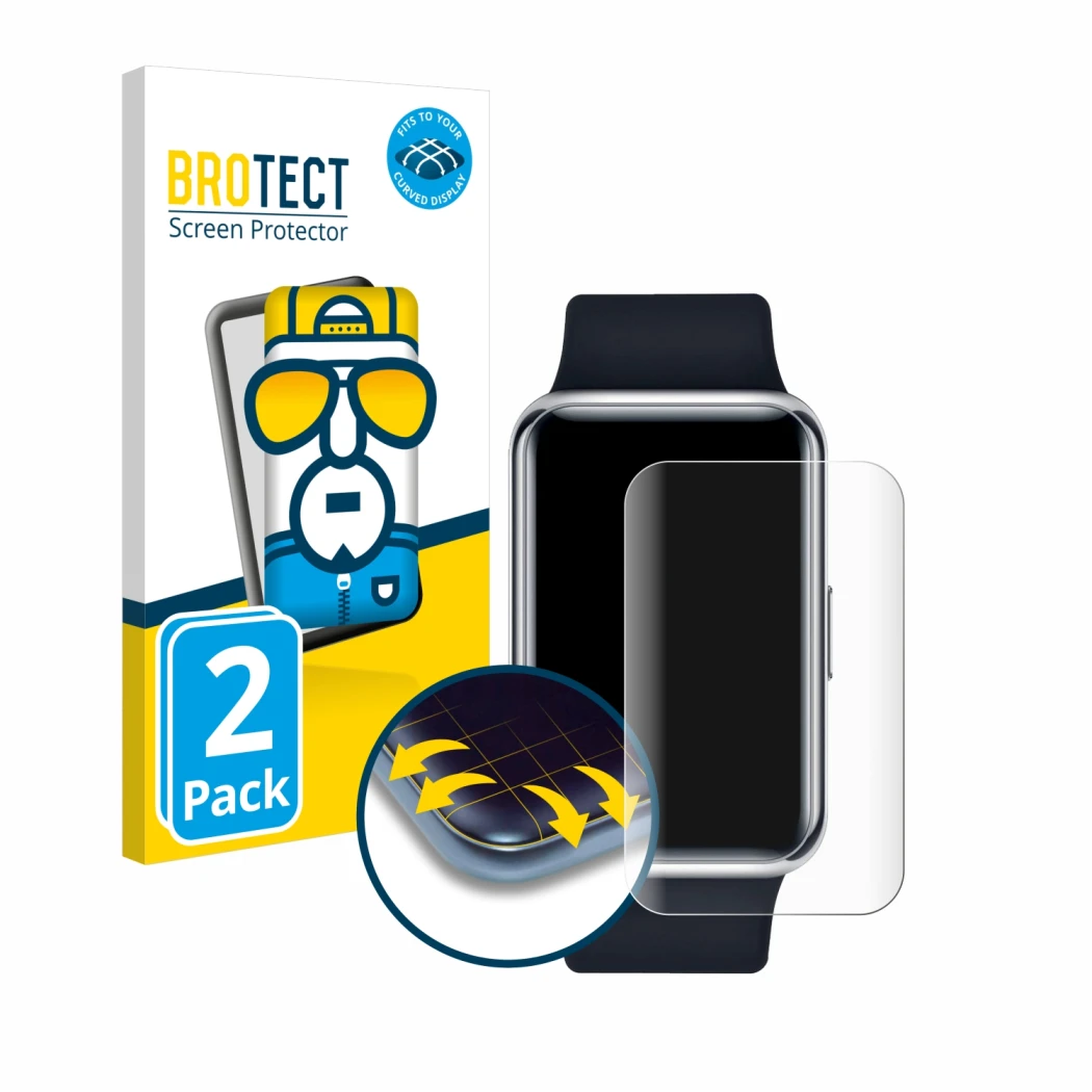 Face avant d’un emballage produit avec le logo de la marque BROTECT. À côté, l’appareil Huawei Watch Fit Elegant est représent