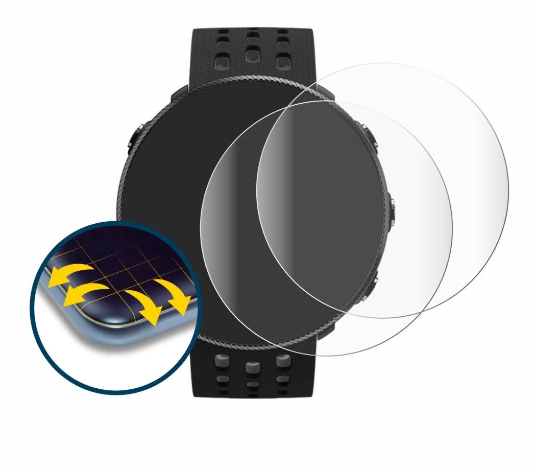 Image de l'appareil Polar Vantage M2 avec une grande variété de protections d'écran.