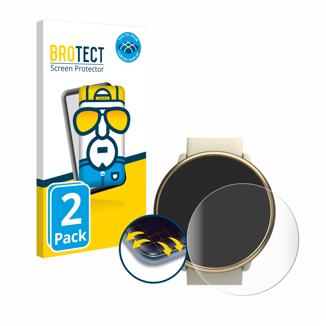 Face avant d’un emballage produit avec le logo de la marque BROTECT. À côté, l’appareil Polar Ignite 2 est représenté avec la 