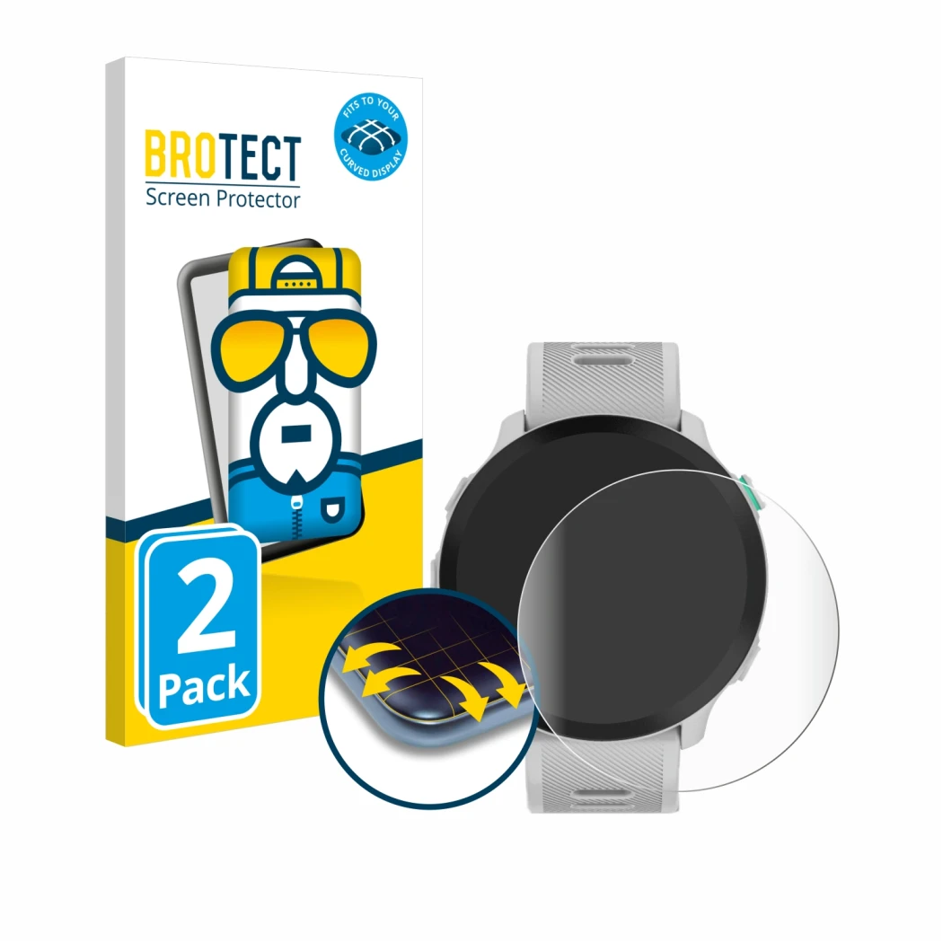 Face avant d’un emballage produit avec le logo de la marque BROTECT. À côté, l’appareil Garmin Forerunner 55 est représenté av