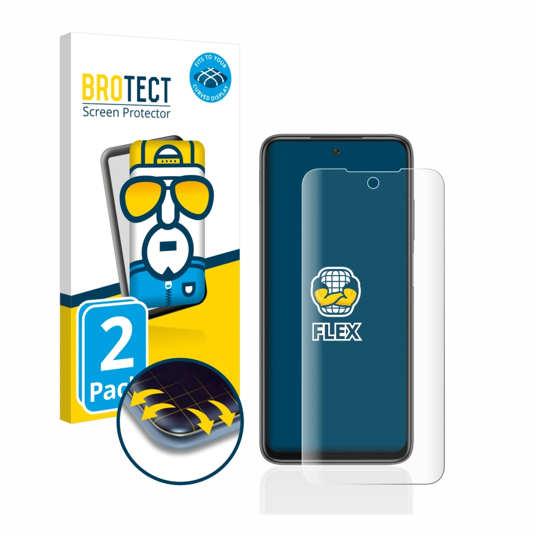 Face avant d’un emballage produit avec le logo de la marque BROTECT. À côté, l’appareil Xiaomi Redmi 10 est représenté avec la