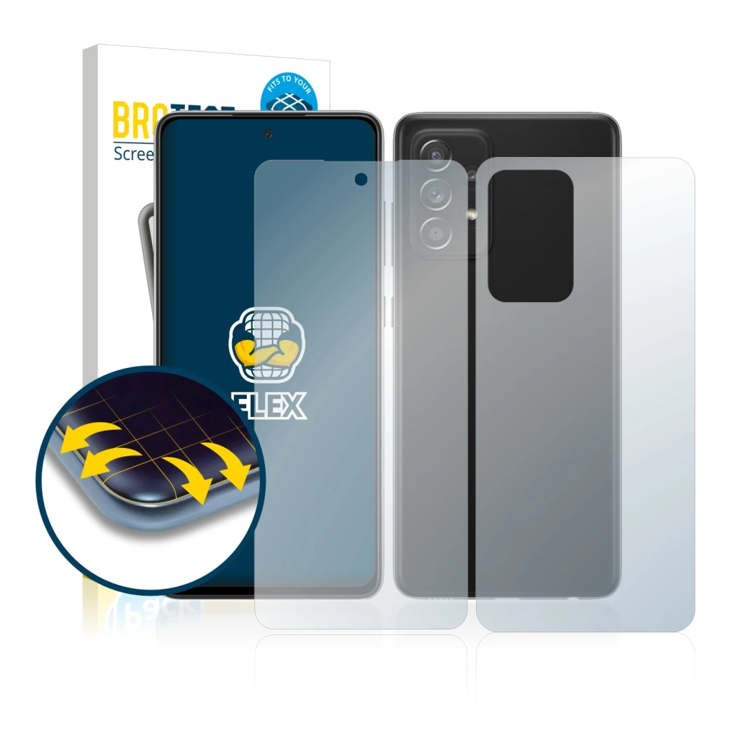 Face avant d’un emballage produit avec le logo de la marque BROTECT. À côté, l’appareil Samsung Galaxy A52s 5G (Avant+Arrière)