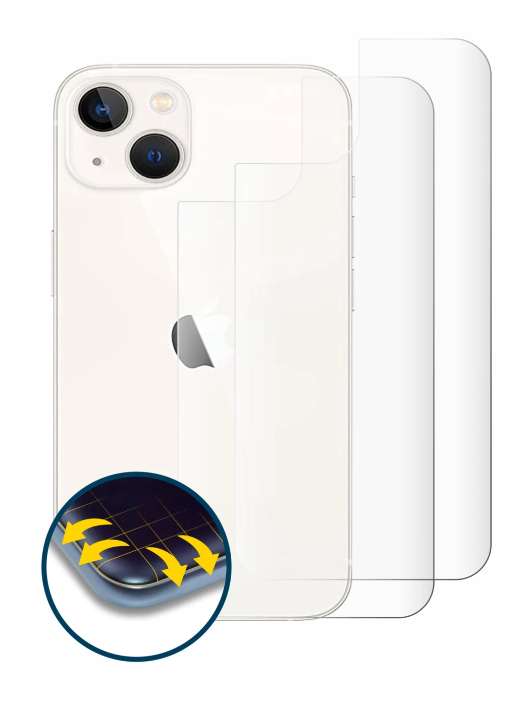 Image de l'appareil Apple iPhone 13 (Arrière) avec une grande variété de protections d'écran.