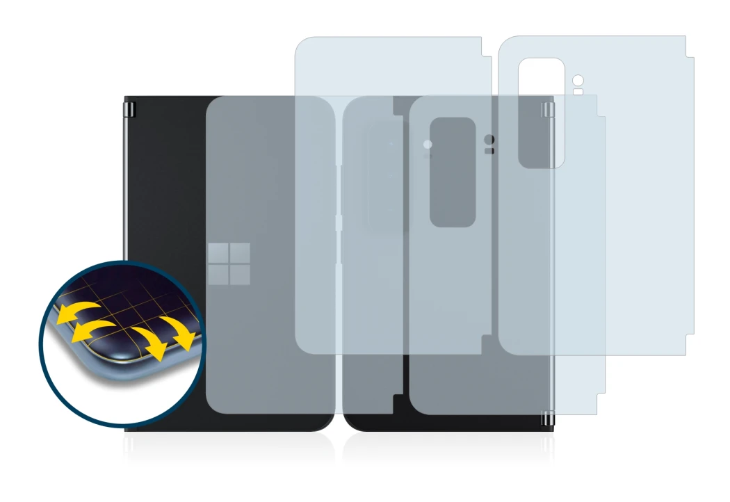Image de l'appareil Microsoft Surface Duo 2 (Avant+Arrière) avec une grande variété de protections d'écran.