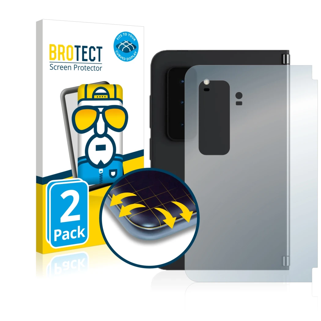 Face avant d’un emballage produit avec le logo de la marque BROTECT. À côté, l’appareil Microsoft Surface Duo 2 (Arrière) est 