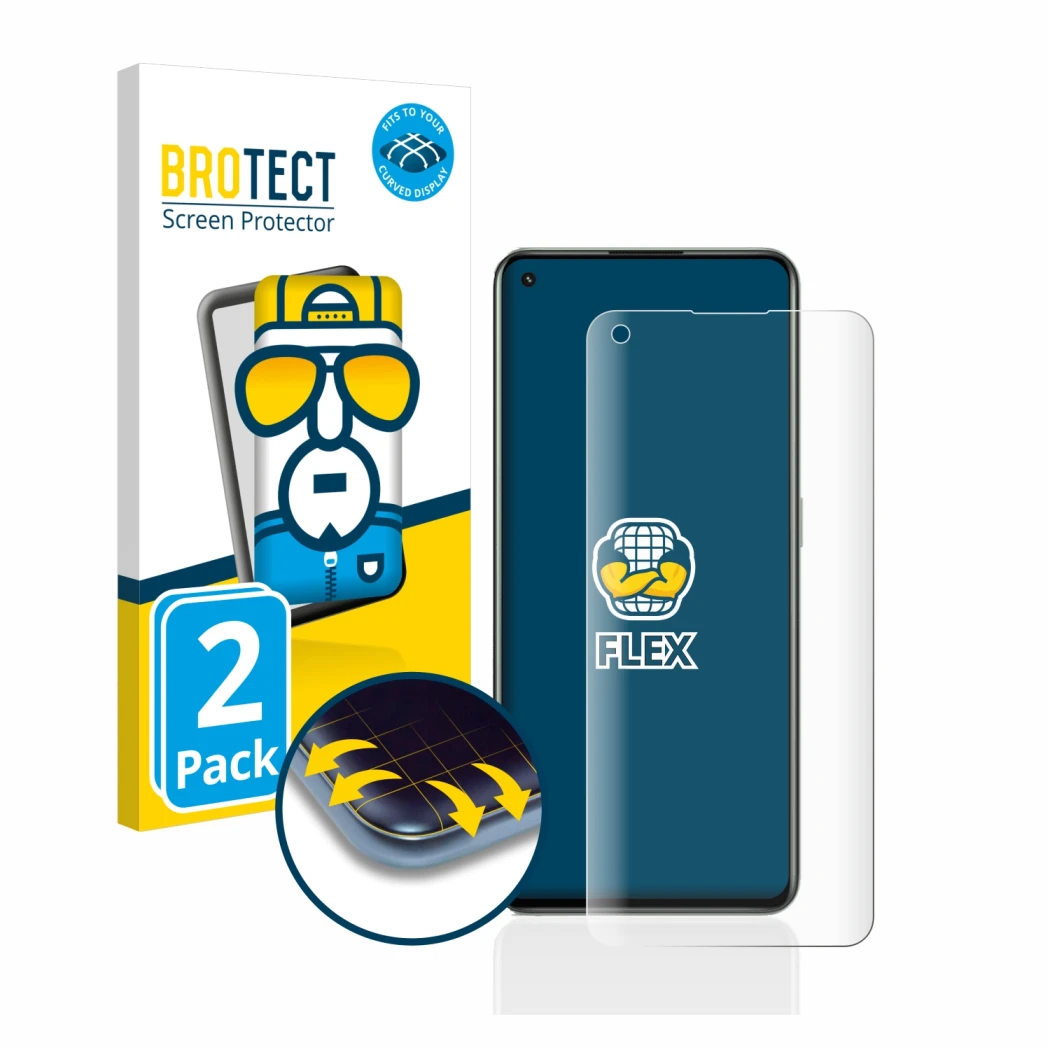 Face avant d’un emballage produit avec le logo de la marque BROTECT. À côté, l’appareil realme GT 2 Pro est représenté avec la