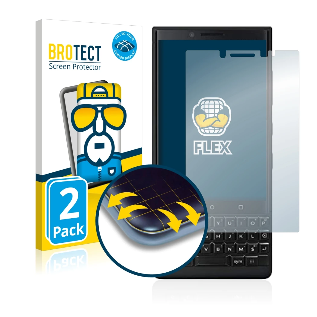 Face avant d’un emballage produit avec le logo de la marque BROTECT. À côté, l’appareil BlackBerry Key2 (Dual Sim) est représe