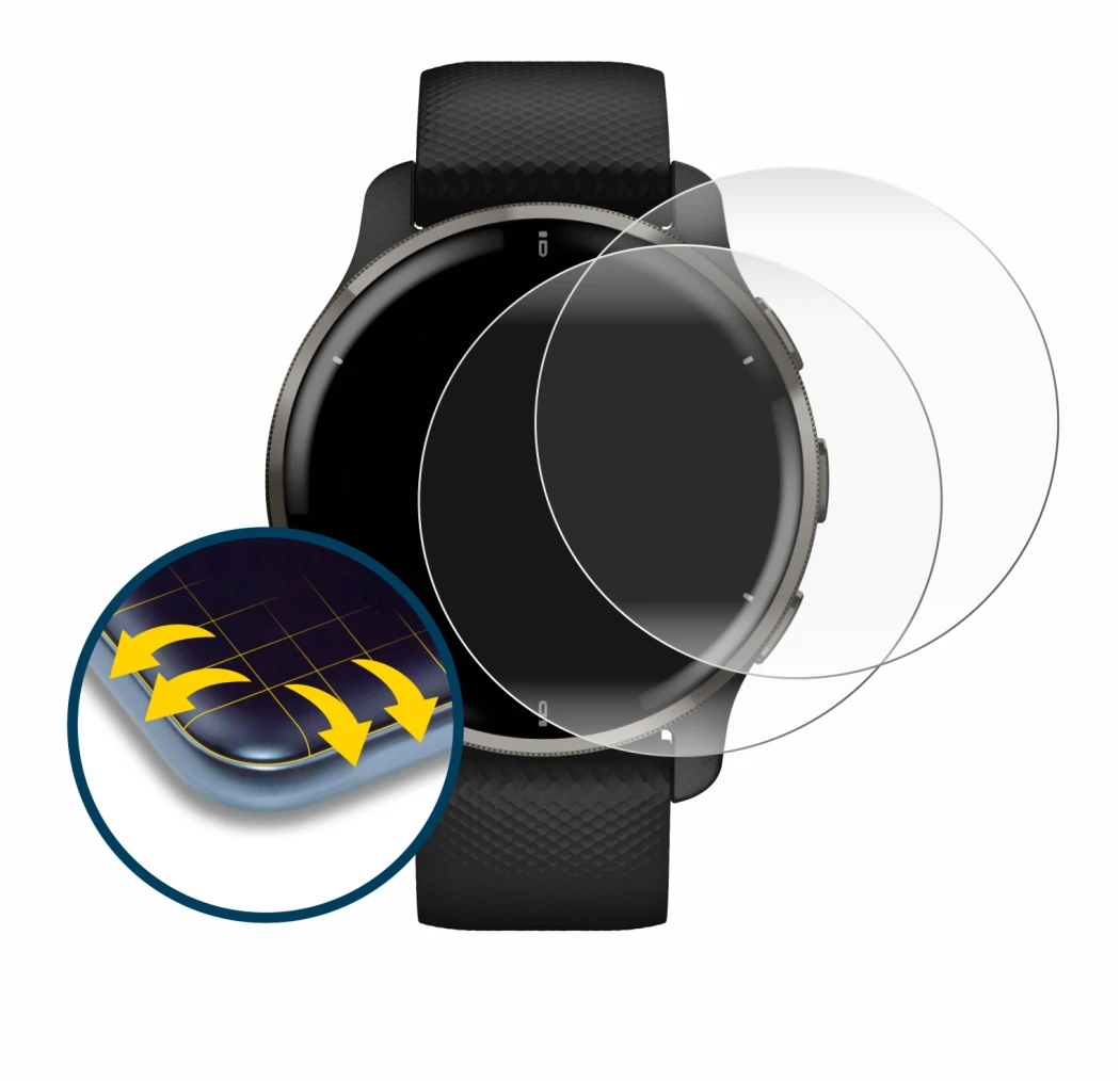 Image de l'appareil Garmin Venu 2 Plus avec une grande variété de protections d'écran.