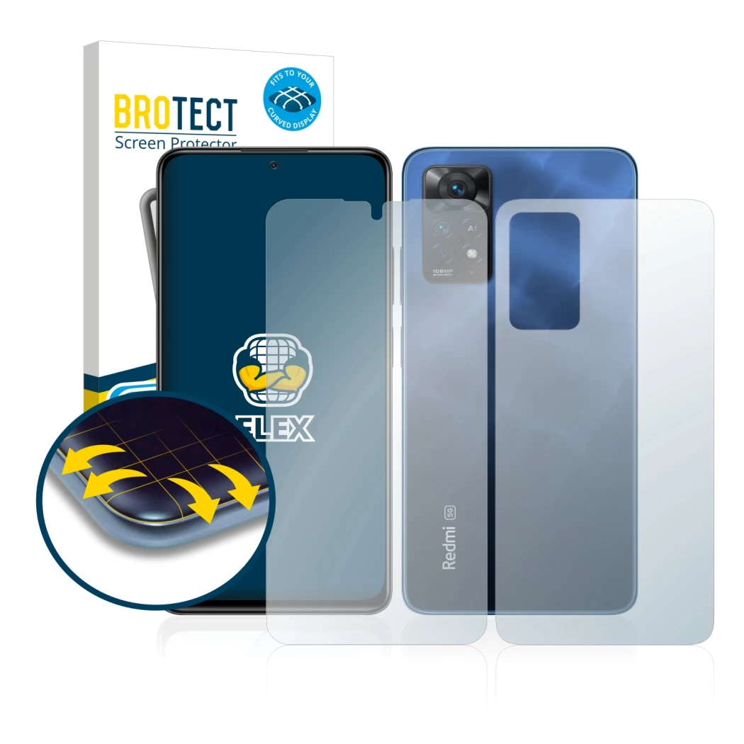 Face avant d’un emballage produit avec le logo de la marque BROTECT. À côté, l’appareil Xiaomi Redmi Note 11 Pro 5G (Avant+Arr