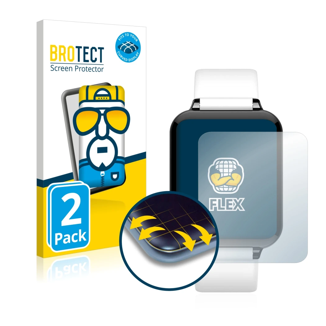 Face avant d’un emballage produit avec le logo de la marque BROTECT. À côté, l’appareil Hero Band III est représenté avec la p