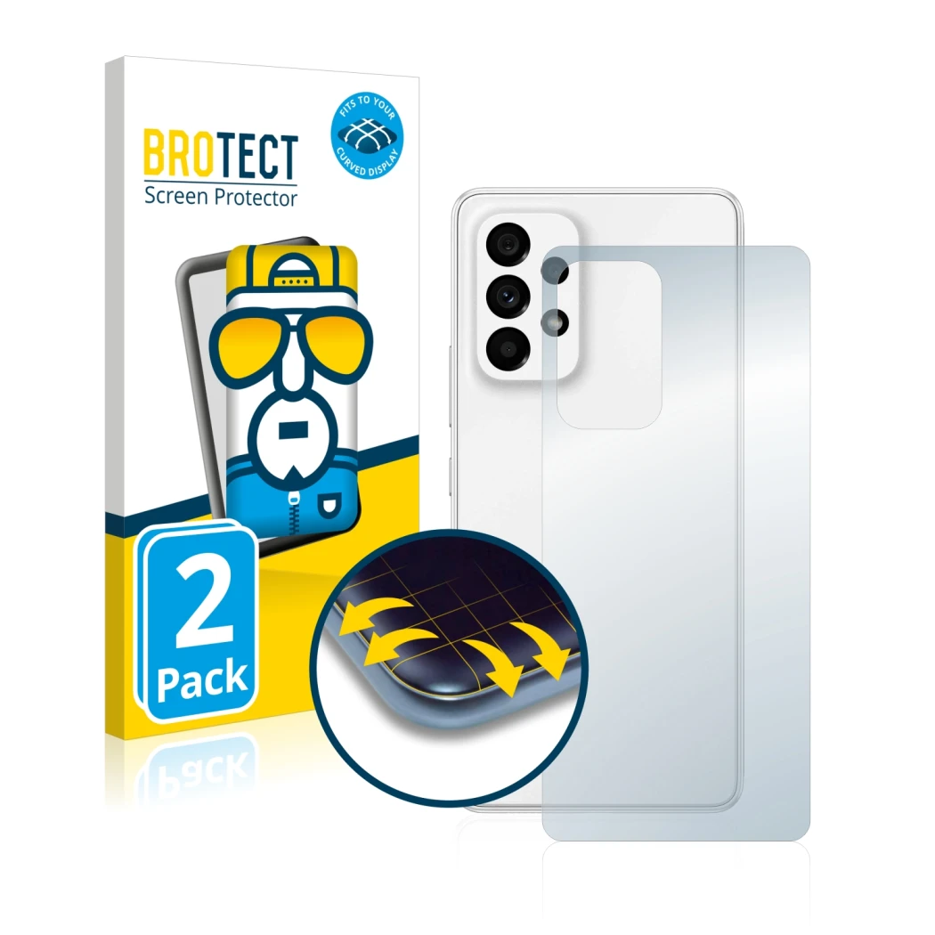 Face avant d’un emballage produit avec le logo de la marque BROTECT. À côté, l’appareil Samsung Galaxy A53 5G (Arrière) est re