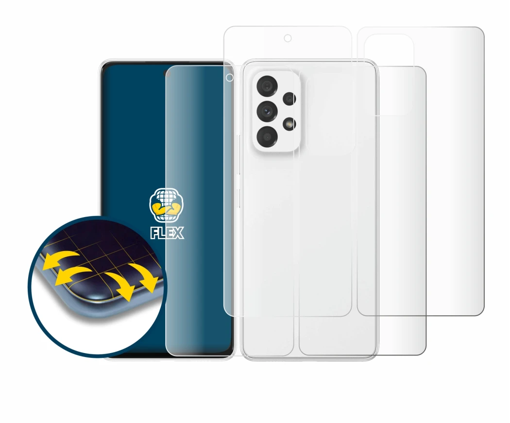 Image de l'appareil Samsung Galaxy A53 5G (Avant+Arrière) avec une grande variété de protections d'écran.