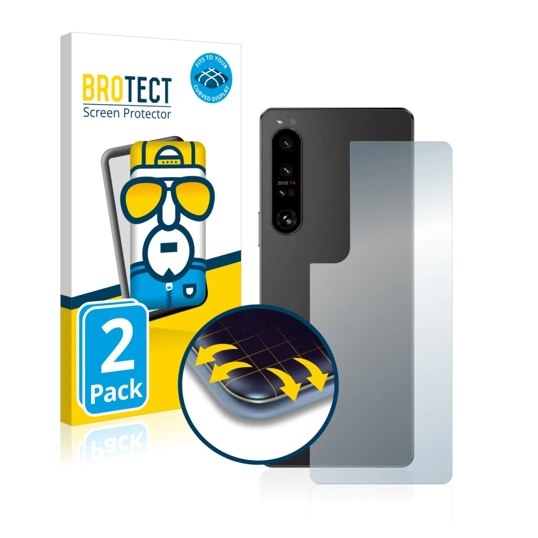 Face avant d’un emballage produit avec le logo de la marque BROTECT. À côté, l’appareil Sony Xperia 1 IV (Arrière) est représe