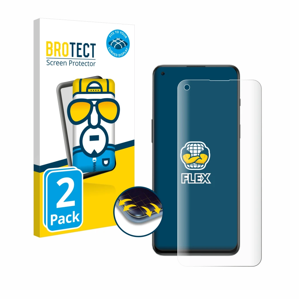 Face avant d’un emballage produit avec le logo de la marque BROTECT. À côté, l’appareil OnePlus Nord 2T 5G est représenté avec