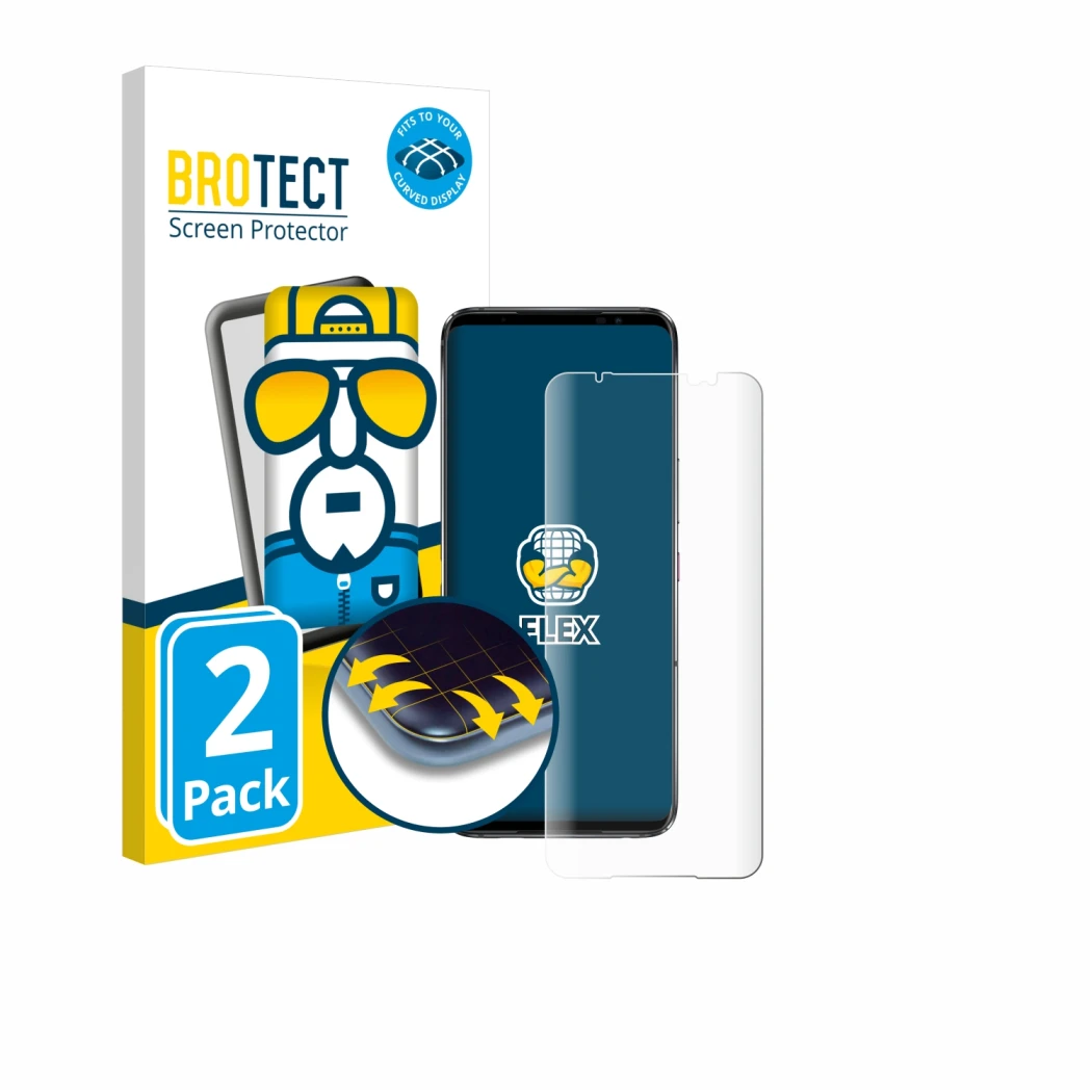 Face avant d’un emballage produit avec le logo de la marque BROTECT. À côté, l’appareil ASUS ROG Phone 6 est représenté avec l