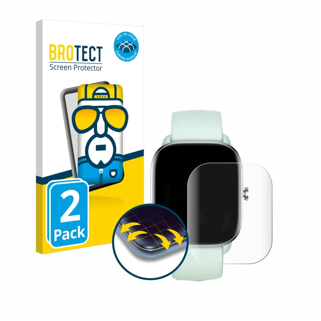 Face avant d’un emballage produit avec le logo de la marque BROTECT. À côté, l’appareil Huami Amazfit GTS 4 Mini est représent