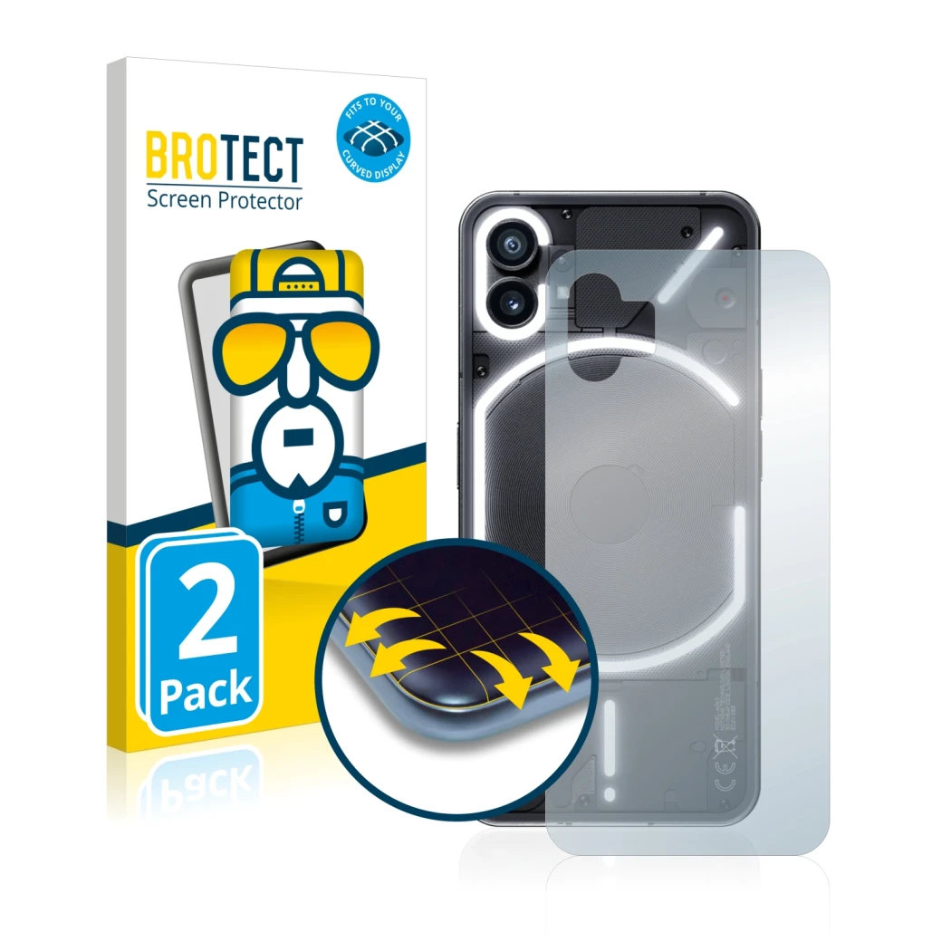 Face avant d’un emballage produit avec le logo de la marque BROTECT. À côté, l’appareil Nothing Phone (1) (Arrière) est représ