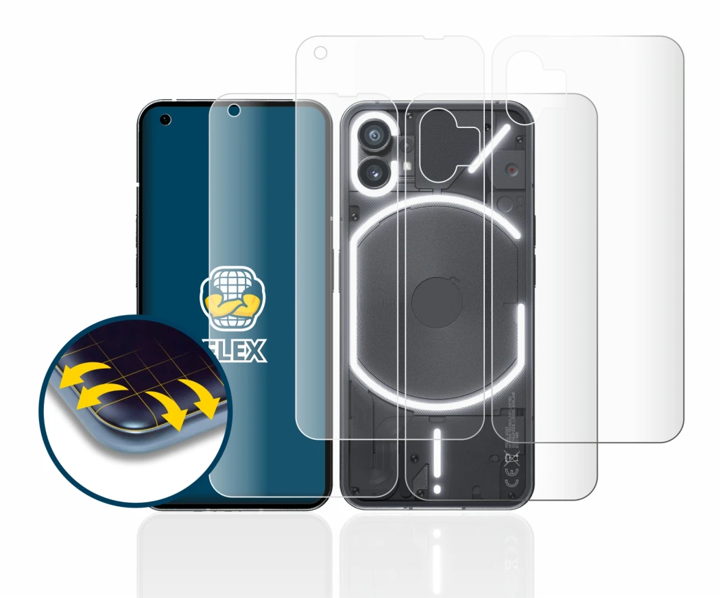 Image de l'appareil Nothing Phone (1) (Avant+Arrière) avec une grande variété de protections d'écran.