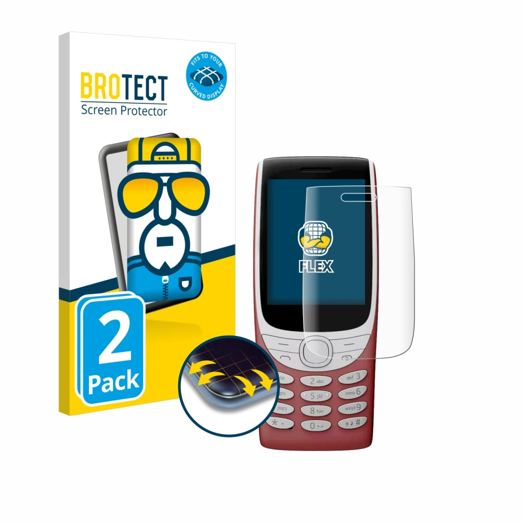 Face avant d’un emballage produit avec le logo de la marque BROTECT. À côté, l’appareil Nokia 8210 4G est représenté avec la p