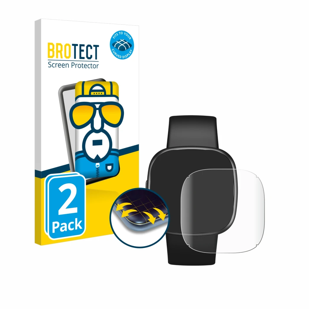 Face avant d’un emballage produit avec le logo de la marque BROTECT. À côté, l’appareil Fitbit Versa 4 est représenté avec la 