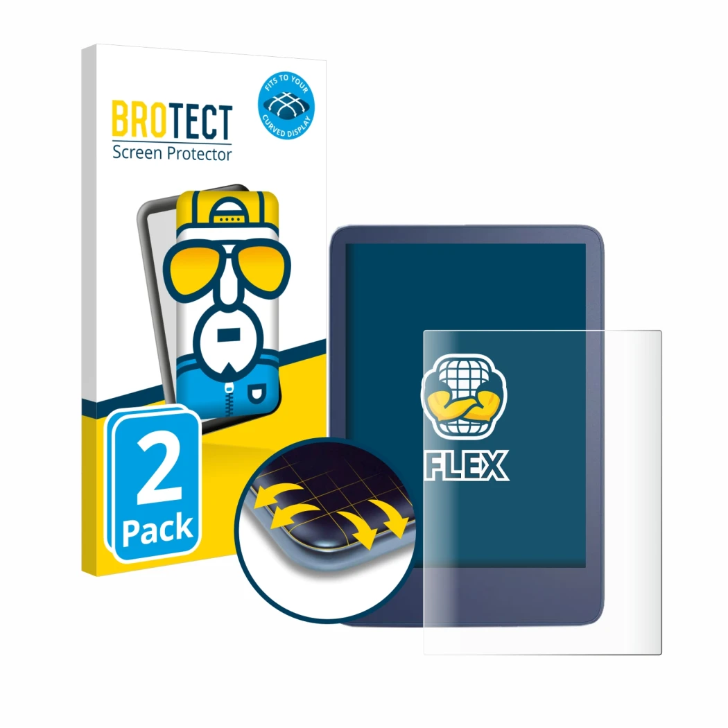 Face avant d’un emballage produit avec le logo de la marque BROTECT. À côté, l’appareil Amazon Kindle Reader 2022 est représen