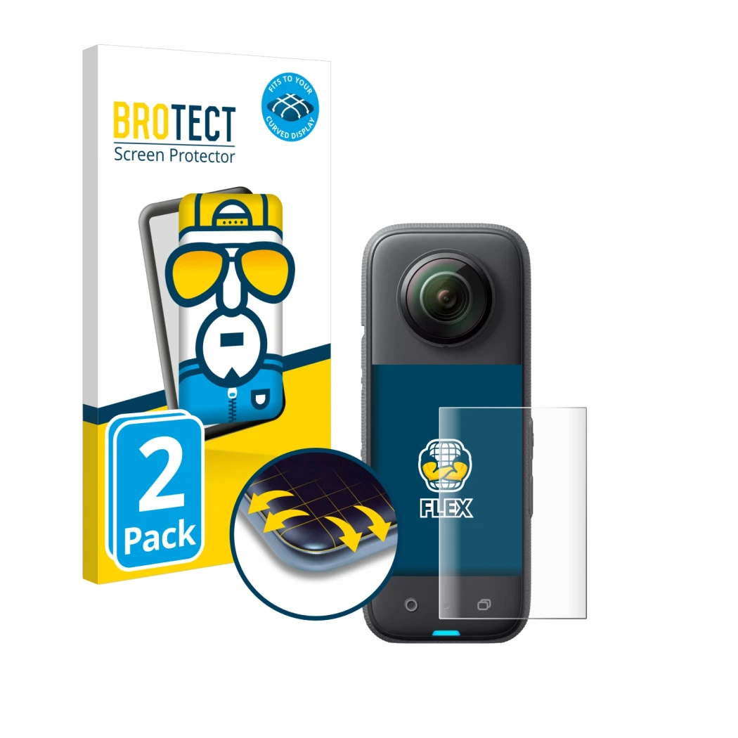 Face avant d’un emballage produit avec le logo de la marque BROTECT. À côté, l’appareil Insta360 X3 est représenté avec la pro