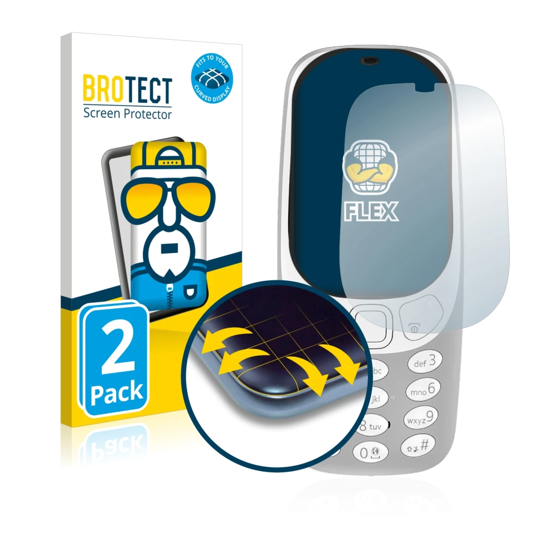 Face avant d’un emballage produit avec le logo de la marque BROTECT. À côté, l’appareil Nokia 3310 (2017) est représenté avec