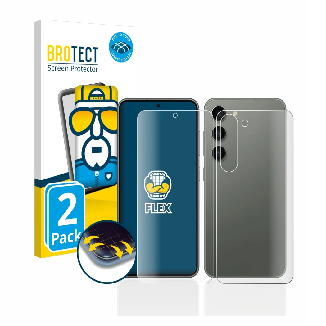 Face avant d’un emballage produit avec le logo de la marque BROTECT. À côté, l’appareil Samsung Galaxy S23 (Avant+Arrière) est