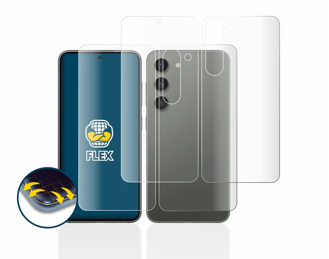 Image de l'appareil Samsung Galaxy S23 (Avant+Arrière) avec une grande variété de protections d'écran.