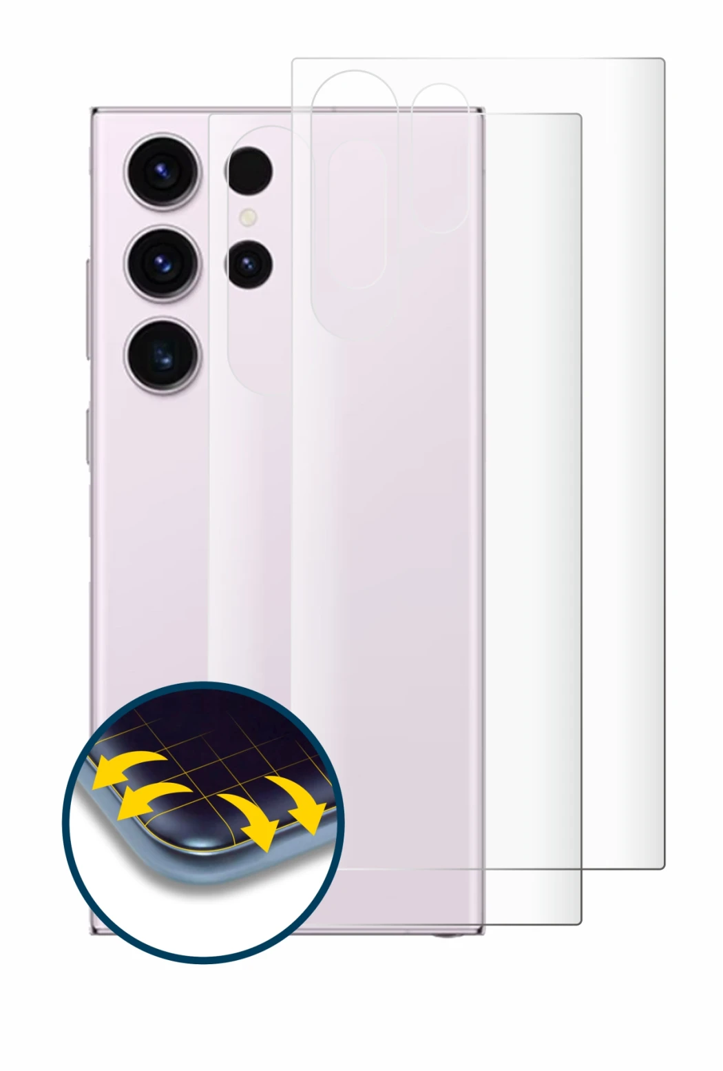 Image de l'appareil Samsung Galaxy S23 Ultra (Arrière) avec une grande variété de protections d'écran.