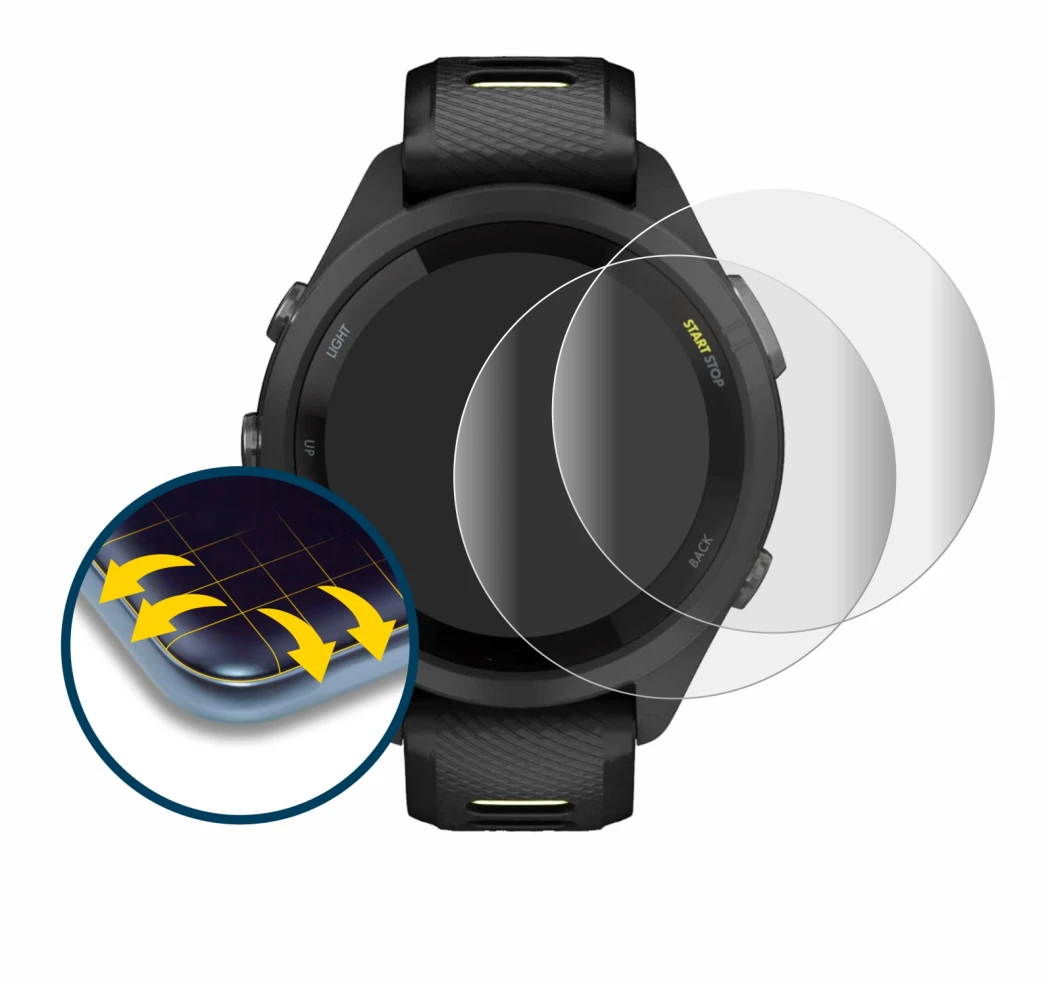 Image de l'appareil Garmin Forerunner 265S (42 mm) avec une grande variété de protections d'écran.