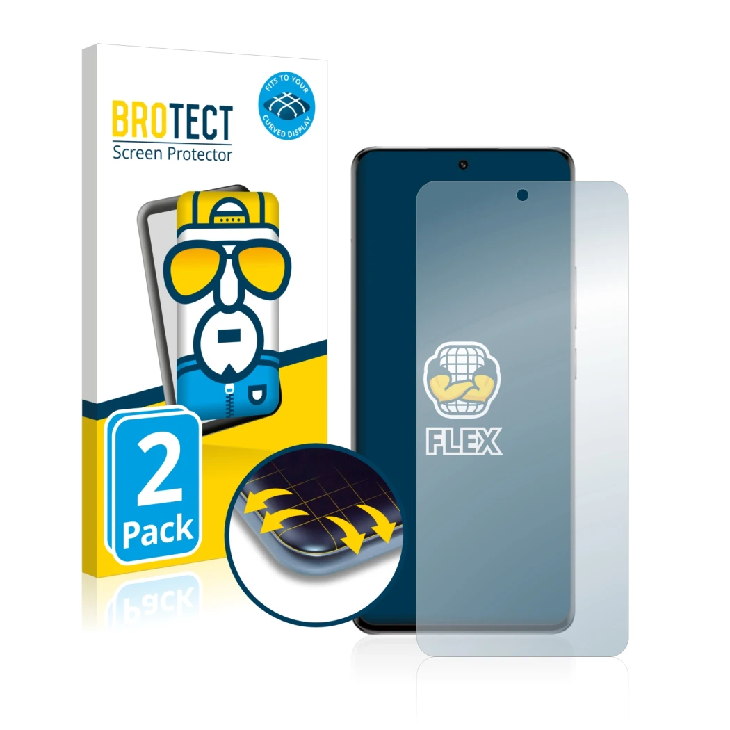 Face avant d’un emballage produit avec le logo de la marque BROTECT. À côté, l’appareil Xiaomi 13 Pro est représenté avec la p