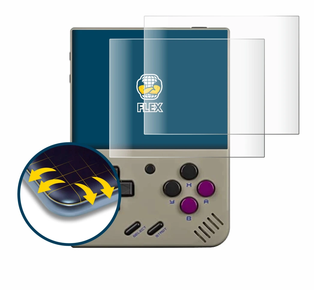 Image de l'appareil Miyoo Mini Plus avec une grande variété de protections d'écran.