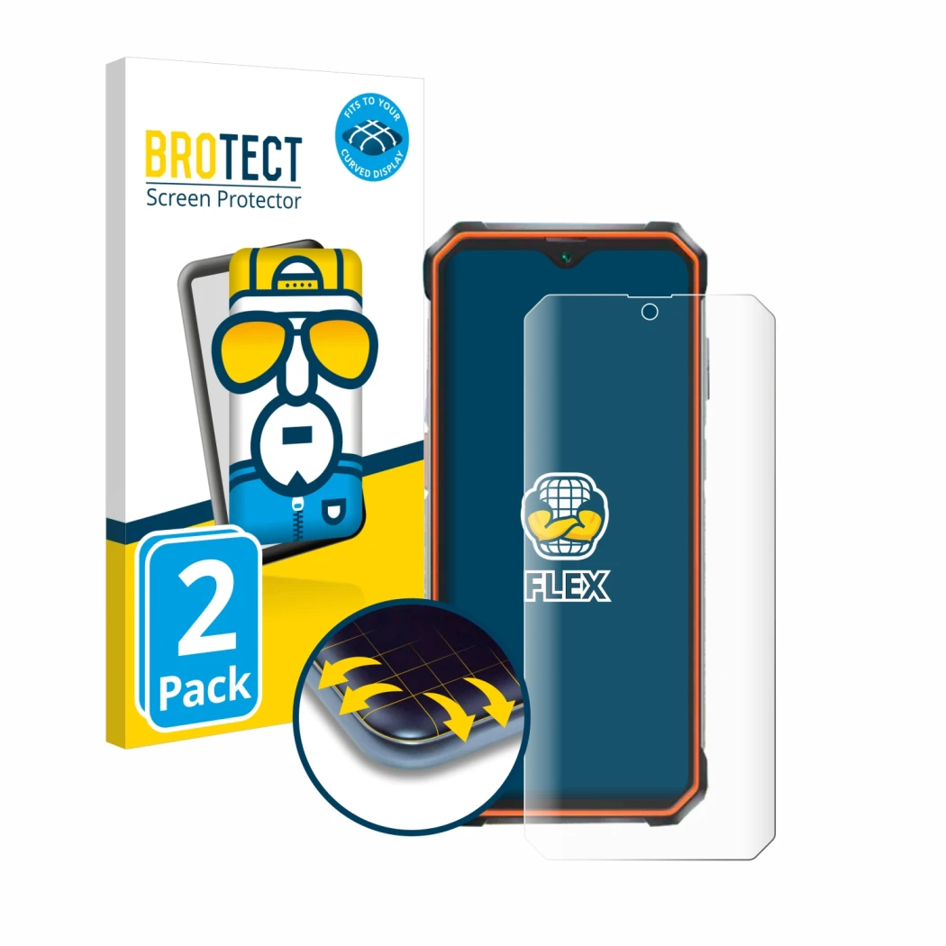 Face avant d’un emballage produit avec le logo de la marque BROTECT. À côté, l’appareil Blackview BV9200 est représenté avec l