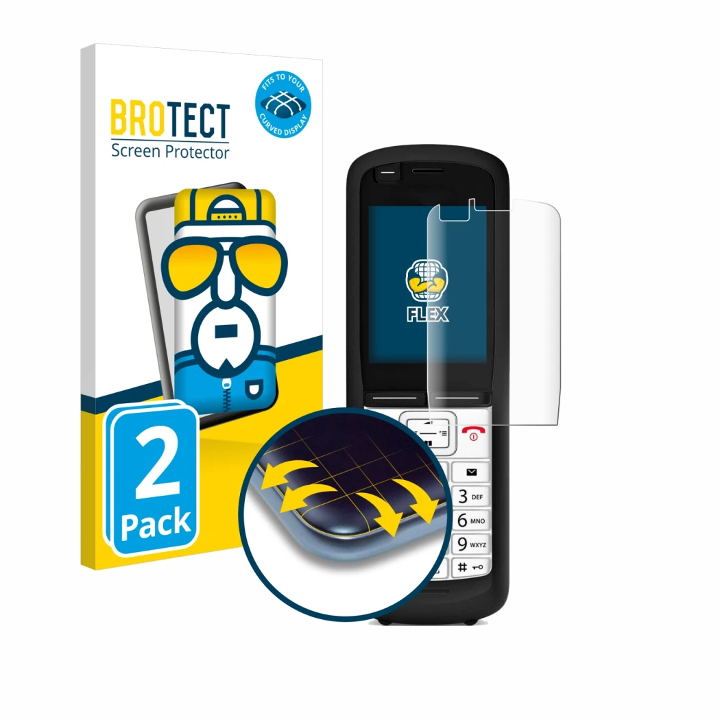 Face avant d’un emballage produit avec le logo de la marque BROTECT. À côté, l’appareil Unify OpenScape DECT Phone R6 est repr