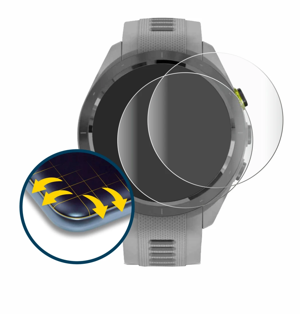 Image de l'appareil Garmin Approach S70 (42 mm) avec une grande variété de protections d'écran.