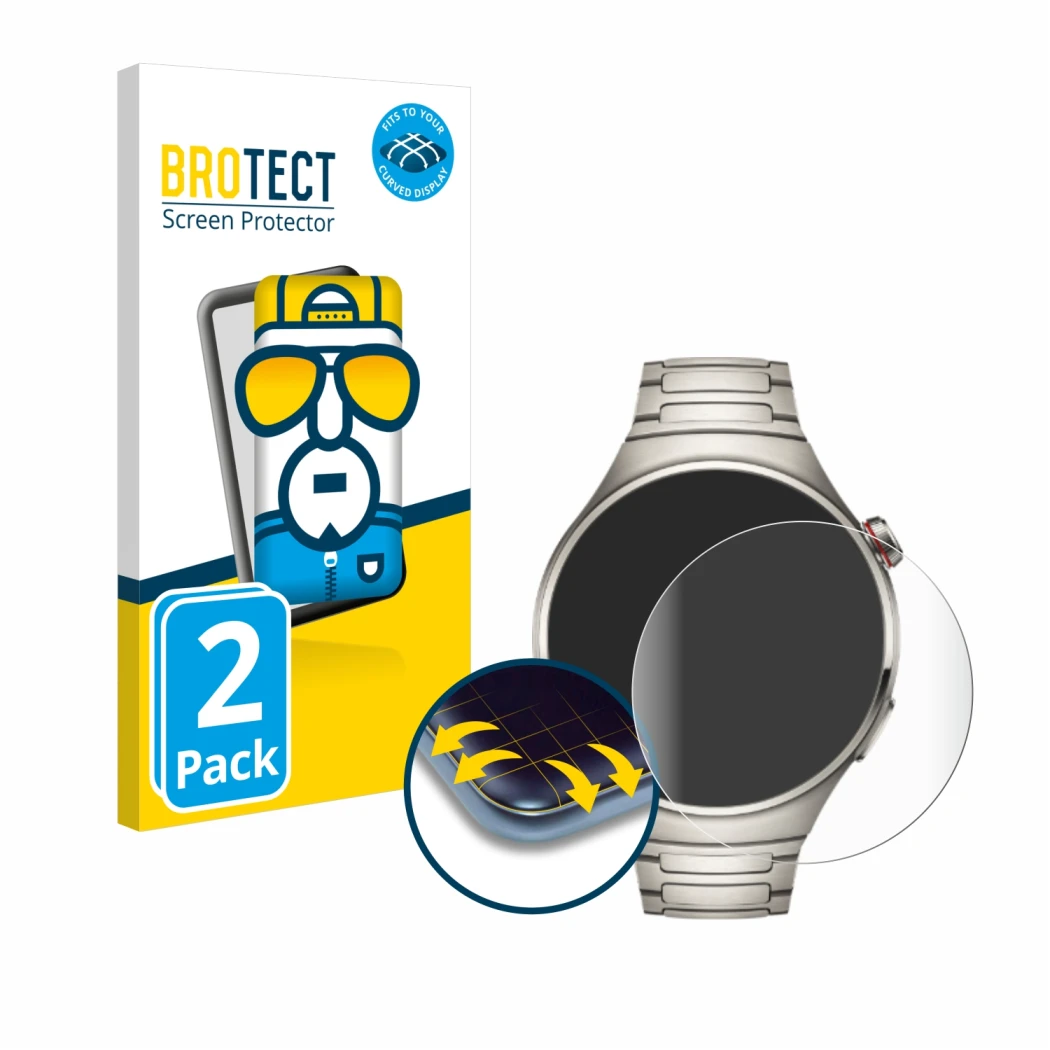 Face avant d’un emballage produit avec le logo de la marque BROTECT. À côté, l’appareil Huawei Watch 4 Pro est représenté avec
