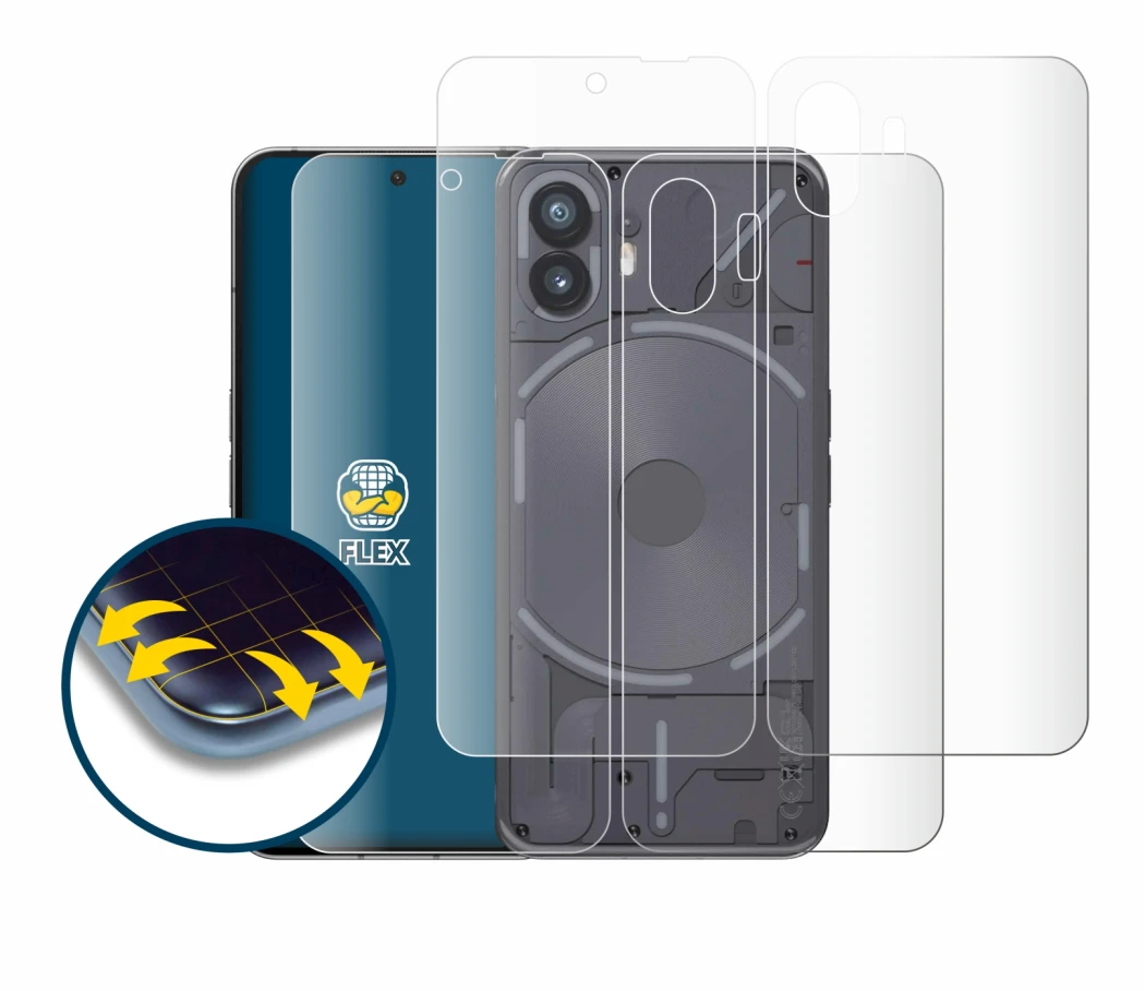 Image de l'appareil Nothing Phone (2) (Avant+Arrière) avec une grande variété de protections d'écran.