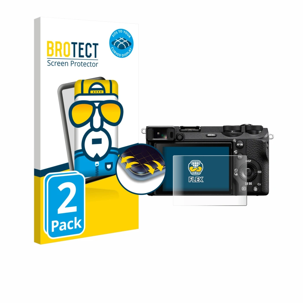 Face avant d’un emballage produit avec le logo de la marque BROTECT. À côté, l’appareil Sony Alpha 6700 est représenté avec la