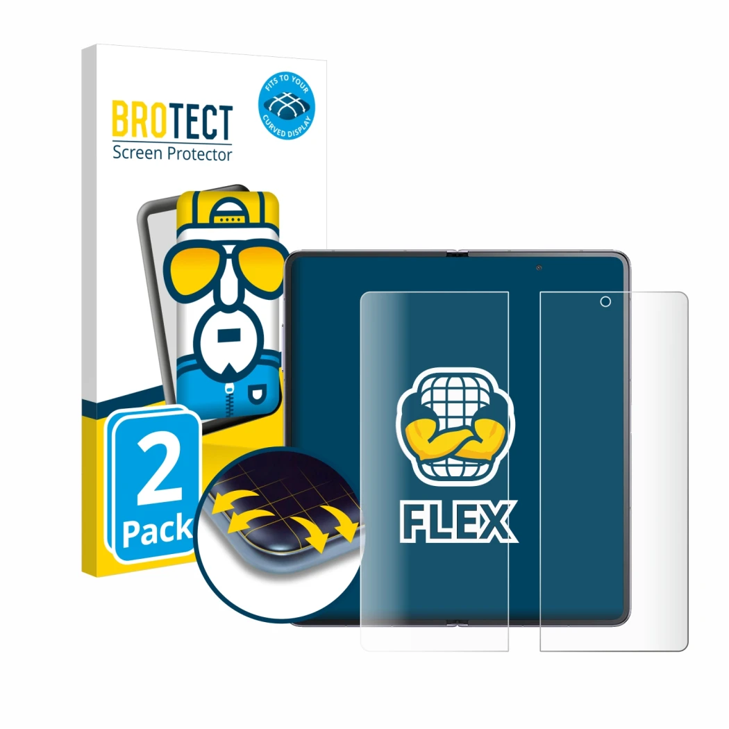 Face avant d’un emballage produit avec le logo de la marque BROTECT. À côté, l’appareil Honor Magic V2 (Affichage interne) est