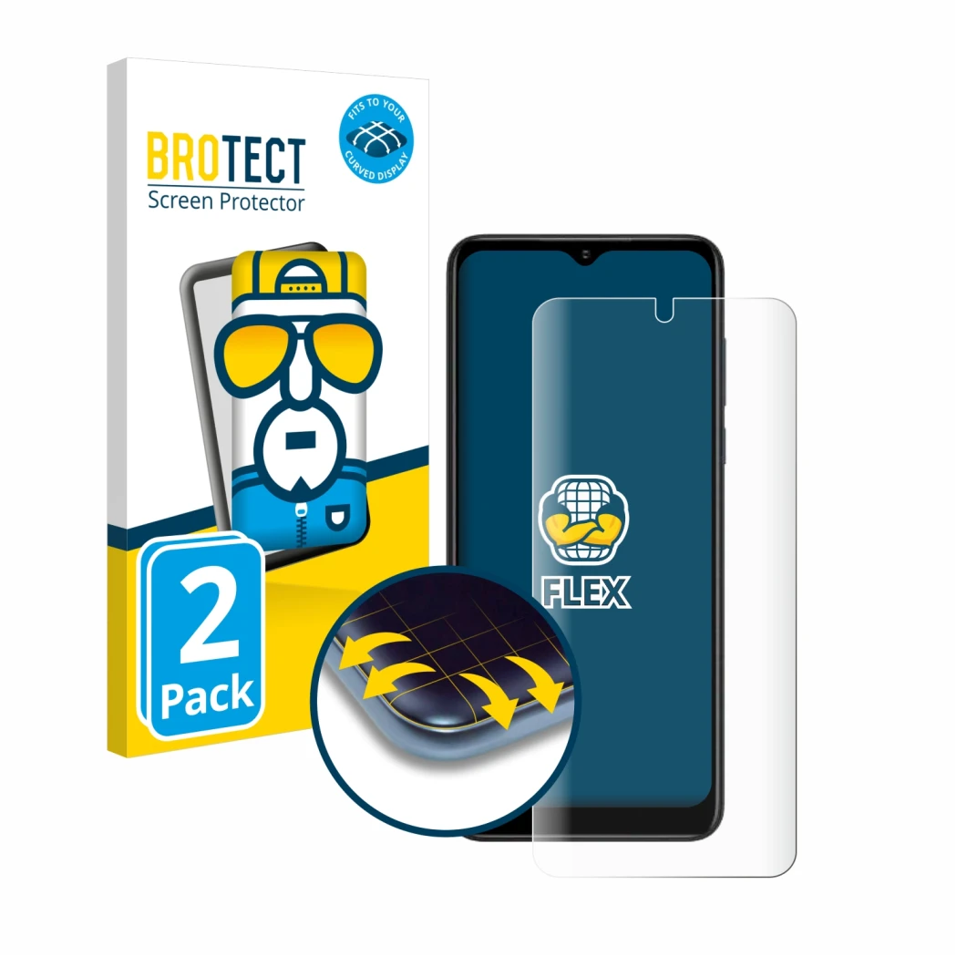 Face avant d’un emballage produit avec le logo de la marque BROTECT. À côté, l’appareil ZTE Blade V50 Design 5G est représenté